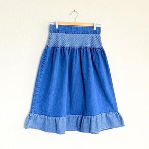 VTG 80s Cottagecore Prairie Boho Denim Ruffle Tiered A-Line Midi Skirt Size S